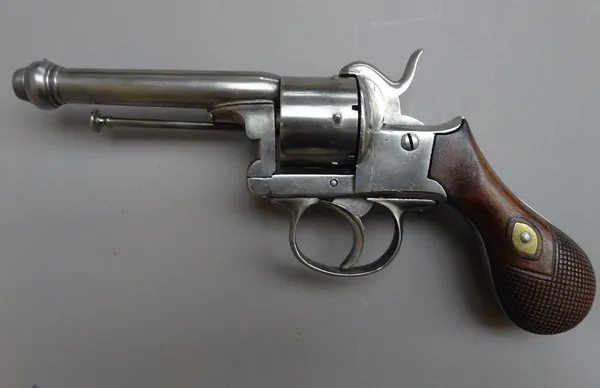 An unusual Lefauchaux system .7mm six shot pinfire revolver, circa 1860, with cannon muzzle, plain cylinder and two piece chequered walnut grips, (a.f