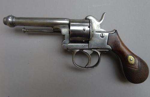 An unusual Lefauchaux system .7mm six shot pinfire revolver, circa 1860, with cannon muzzle, plain cylinder and two piece chequered walnut grips, (a.f