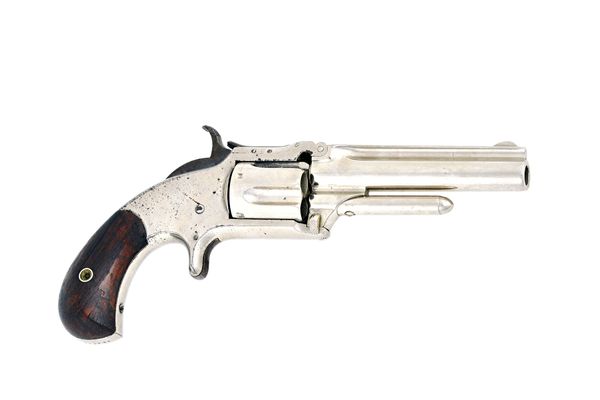 A Smith & Wesson .32 calibre five shot rim fire revolver, circa 1873, nickel finish, stamped along top of barrel 'SMITH & WESSON SPRINGFIELD MASS PAT