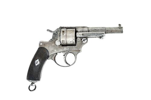 A French model 1873, 11mm Chamelot Delvigne service revolver, circa 1878, two stage barrel, engraved St Etienne arsenal inscription with two piece che