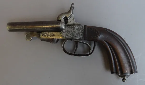 A Continental double barrel 11mm pistol, circa 1860, Lefauchaux system, signed 'P Berjat', plain tapering cylindrical barrels, foliate engraved boxloc