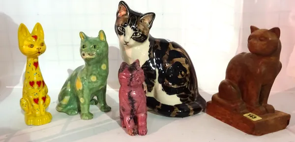Collectables, including; a Galle style cat, a carved wooden cat and three other ceramic cats, (5).   S3M