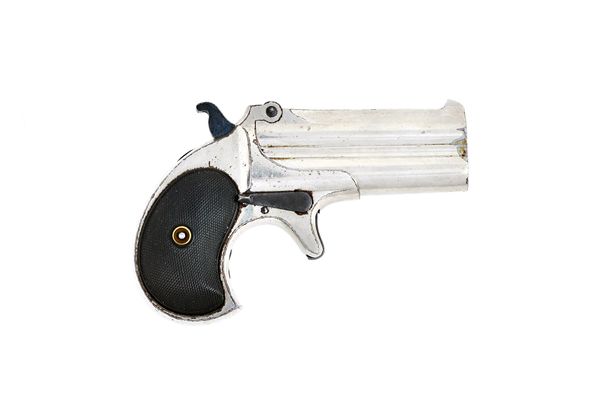 A Remington Type 2 .41 calibre double derringer, late 19th century, nickel finish, engraved to the top of the barrel 'REMINGTON ARMS Co ILION N.Y', wi