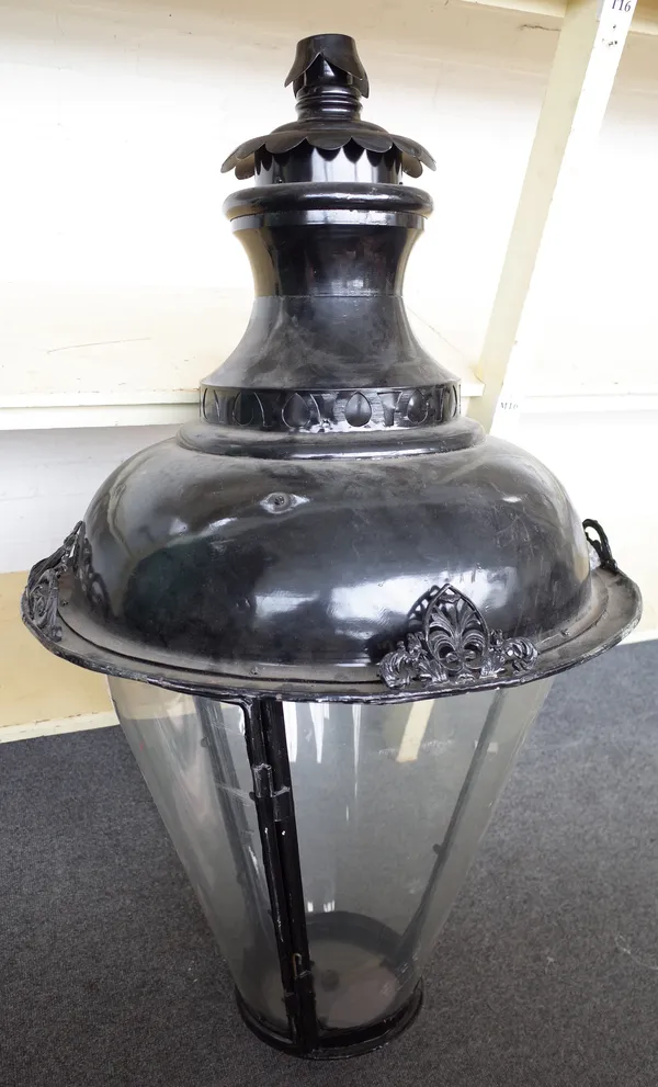 A Victorian style ebonised copper street lantern terminal of circular tapering form, with foliate pierced embellishments to the rim, 130cm high, (a.f)