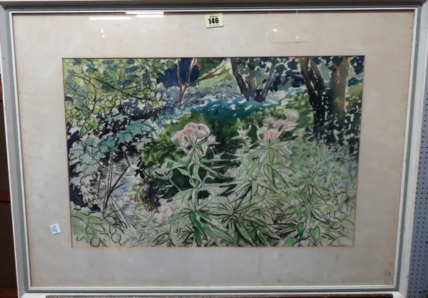 A group of three 20th century watercolours, including Woodland by Eleanor Ireland; The Pergola by M Lamb, a further woodland scene and a print of an i