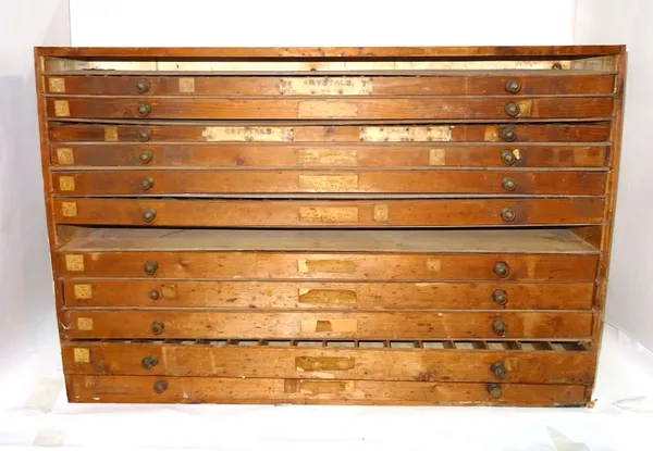 A large stained pine watch maker's parts cabinet, 99cm wide.  BAY 1