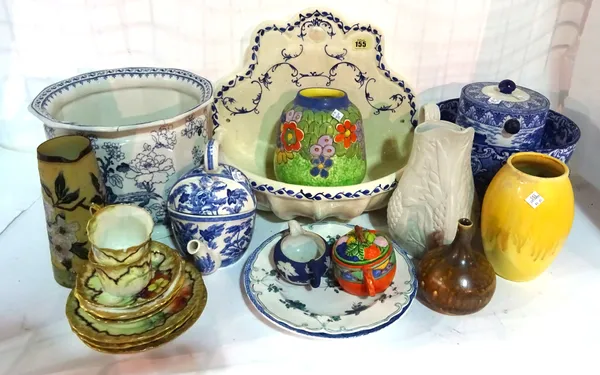 Ceramics, including a blue and white wall font, transfer printed biscuit barrel, a part tea set and sundry.  S2B