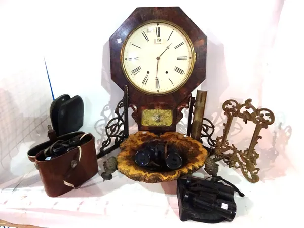 Collectables, including a 19th century 8 day wall clock, a large burr wood bowl, binoculars, cast iron brackets and sundry.  S2B