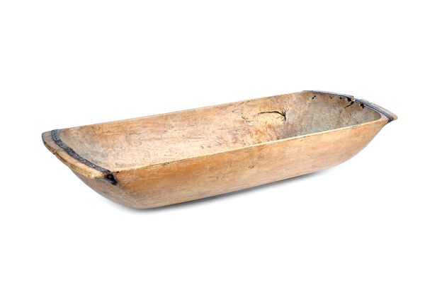 A 19th century iron bound rectangular sycamore dug out dough bin, 11cm wide x 21cm high x 42cm deep, together with a similar hardwood example, 75cm wi