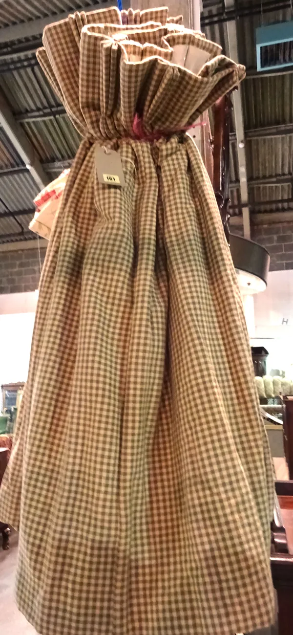 Curtains comprising; a pair of brown checked red lined and interlined curtains, 160cm wide x 112cm fall.  HANG
