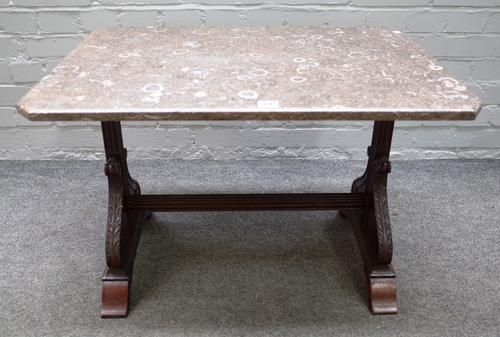 A William IV mahogany occasional table, the canted rectangular top on a pair of double scroll end supports, 76cm wide x 50cm high x 53cm deep.