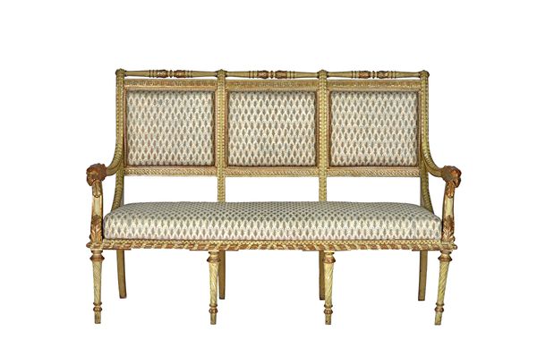 A French 18th century style parcel gilt cream painted open arm sofa, with eagle head finials, on spiral fluted supports, 154cm wide x 106cm high. Illu