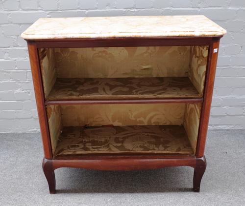 A late 19th century French kingwood floor standing open bookcase, with marble top and squat cabriole supports. 91cm wide x 91cm high x 40cm deep.