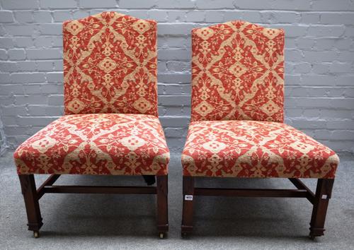 Two walnut framed side chairs, one early 18th century with arched square back, on carved block supports, together with a later, matching example, 63cm