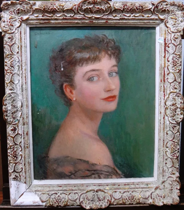 Dona Salmon (20th century), Portrait of a young woman, oil on canvas, signed, signed, inscribed and dated on overlap, 50cm x 39.5cm. Provenance; Prope