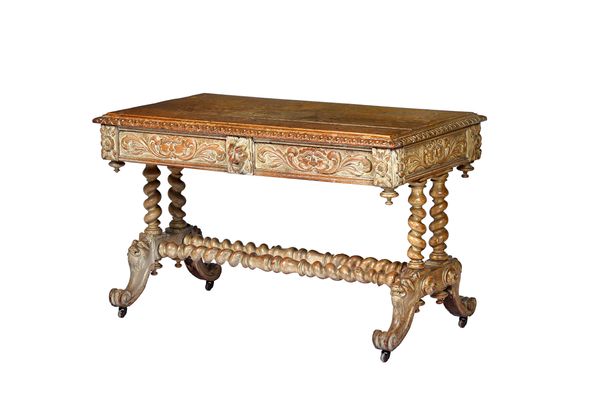 A Victorian carved light oak two drawer centre table on barleytwist columns and four scrolled supports, 130cm wide x 78cm high x 67cm deep. Illustrate