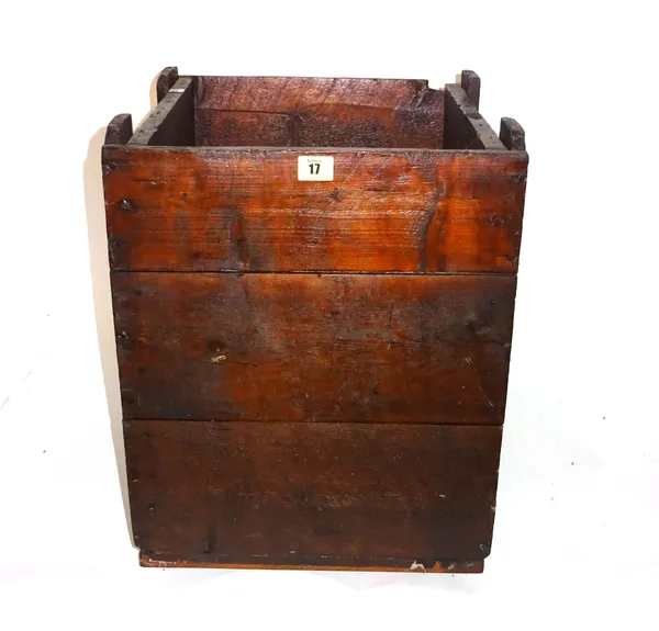 A 20th century stained pine square bucket with rope handles, 34cm wide.  B4