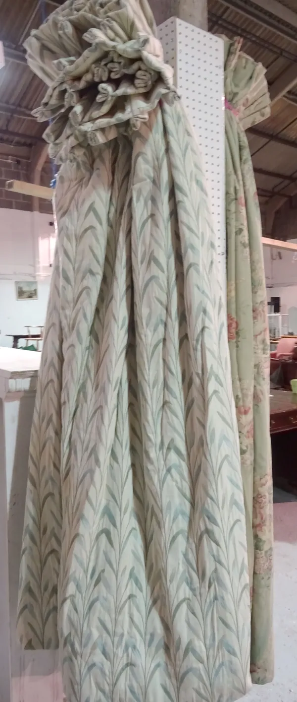Curtains, comprising; a pair of John Lewis lined and interlined white curtains, with pale blue/green repeating leaf design, 180cm wide x 200cm fall.
