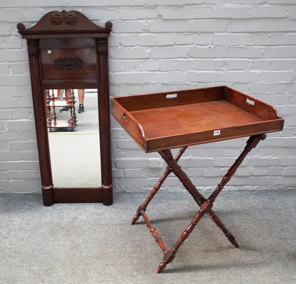A George III rectangular mahogany butler's tray on folding 'X' frame stand, the tray 71cm wide x 10cm high x 51cm deep, together with a 19th century C