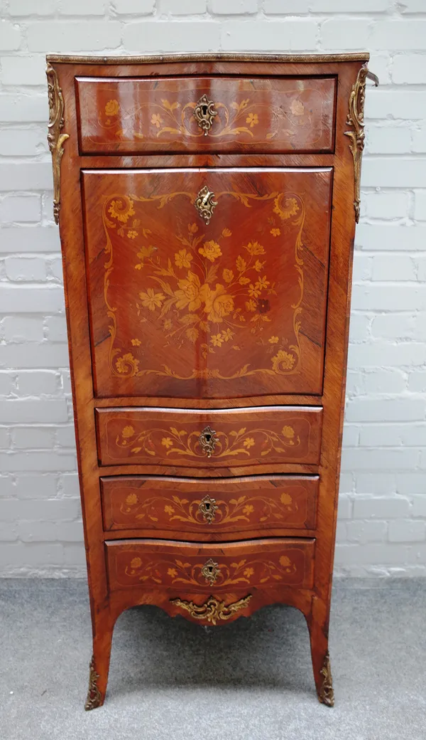 A late 19th century French gilt metal mounted floral marquetry inlaid rosewood and mahogany escritoire, the serpentine front with single drawer, over