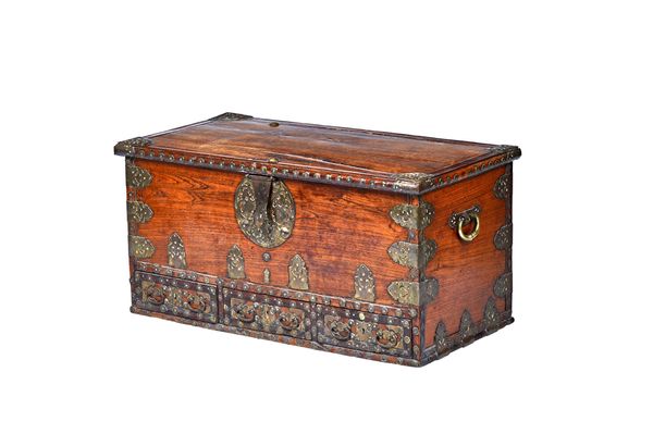 A 19th century Zanzibar brass mounted hardwood mule chest, the lift top over three lower drawers, 107cm wide x 53cm high x 55cm deep. Illustrated