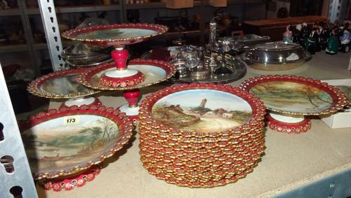A Coalport porcelain dessert service, including comports and plates decorated with Welsh scenic views, (a.f).  S3T