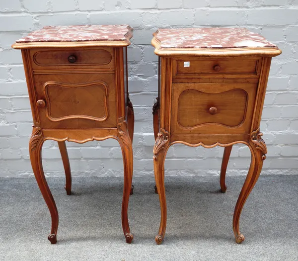 A near pair of 19th century French pot cupboards, each with shaped marble tops over single drawer and cupboard on scroll supports, 39cm wide x 40cm de