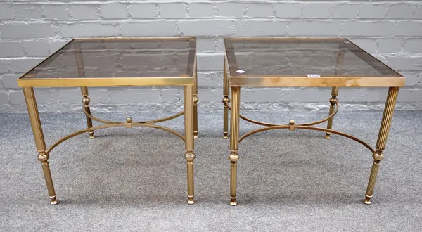A pair of mid-20th century square lacquered brass and glass occasional tables on reeded supports, 46cm wide x 42cm high (2).