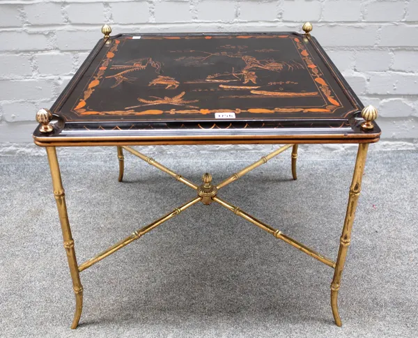 A mid-20th century occasional table, the black lacquer chinoiserie decorated square top on four lacquered brass faux bamboo supports, 56cm wide x 49cm