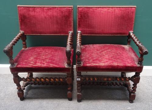 Two similar 19th century French walnut framed square back open armchairs, with barleytwist supports, 58cm wide x 90cm high, (2). Aftersale