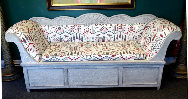 A 19th century and later painted Swedish sofa with rollover ends, the panel frieze with single drawers, on block supports, 230cm wide x 99cm high.