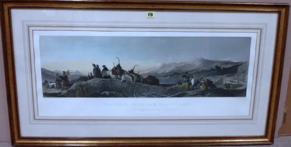 A group of eleven prints and engravings, including 'The Chief;s return from Deer Stalking' after Landseer, a pair of HIghland scenes after Douglas Ada