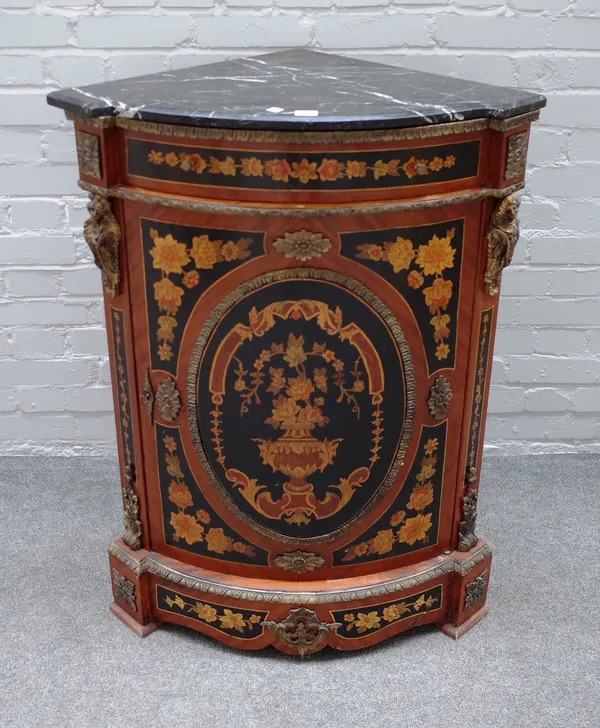 A 20th century French corner cupboard, the marble top over a gilt metal mounted floral marquetry inlaid base, with single drawer over cupboard, 76cm w