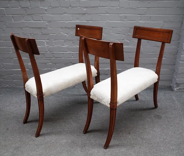 A pair of fruitwood framed chair back window seats, on splayed supports, 84cm wide x 88cm high x 42cm deep (2).