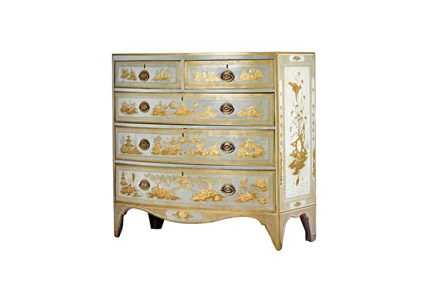 A Regency and later japanned bowfront chest of two short and three long graduated drawers, on bracket feet, 107cm wide x 104cm x 53cm deep. Illustrate
