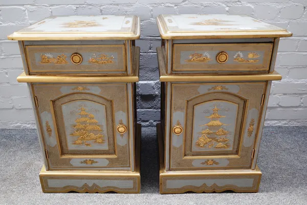 A pair of chinoiserie decorated bedside tables, each with single drawer over arched top cupboard, on shaped plinth base, 41cm wide x 64cm high x 40cm