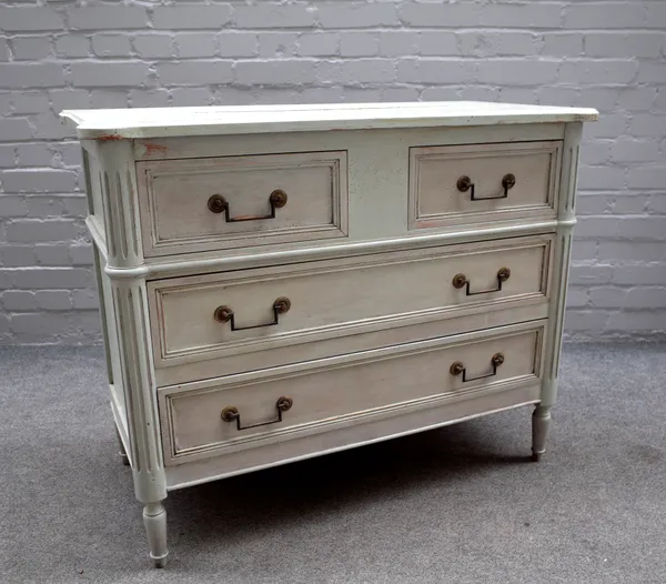 A pale green painted Louis XVI style commode, with two short over two long drawers flanked by fluted rounded corners, on turned supports, 98cm wide x