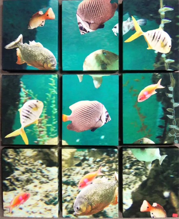 Suzie Pibworth (contemporary), Aquarium, nine canvas prints with touches of collage and embroidery, each 25.5cm x 20cm.(9)  F1