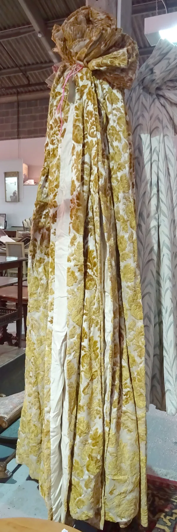 Curtains, comprising; two pairs of lined cut gold plush curtains, each 140cm wide x 235cm drop, (4).   HANG