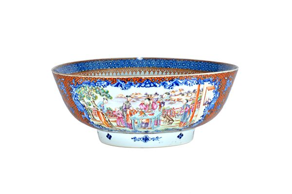 A Chinese export porcelain mandarin palette punchbowl, Qianlong, painted with two large figurative panels and two small bird panels against an orange