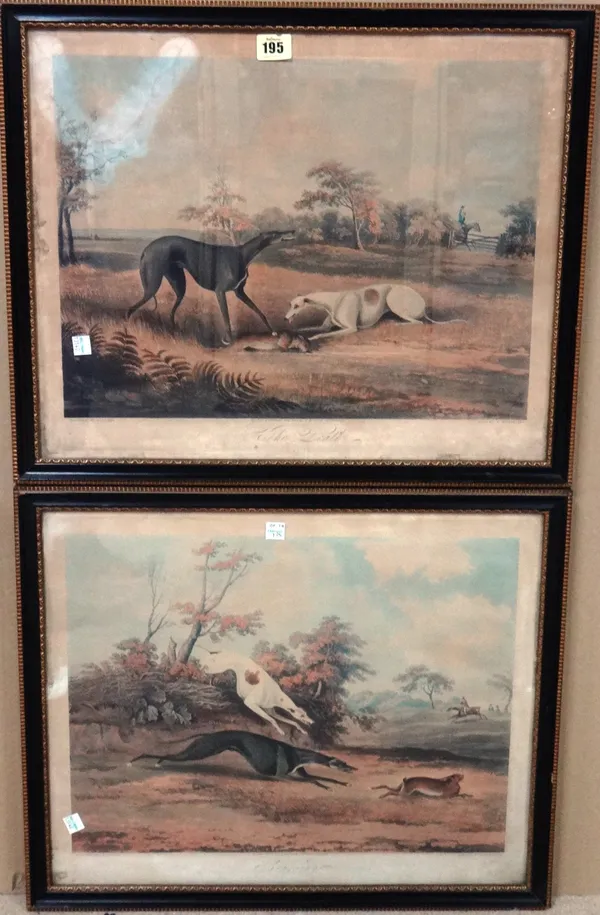 After Samuel Alken, Coursing; The Death, a pair of engravings by Thomas Sutherland, each 38cm x 47.5cm, together with two further aquatints of greyhou