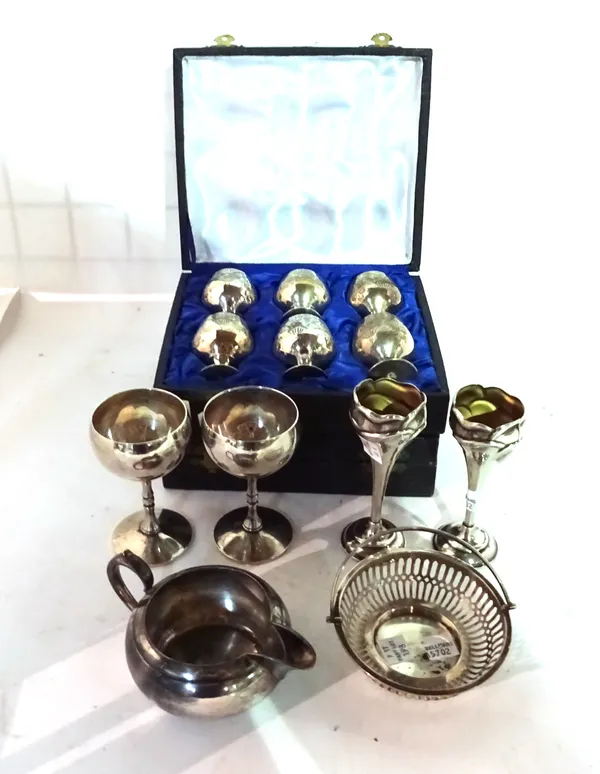 Silver and silver plated items comprising a silver bon bon dish, a pair of plated bud vases, a pair of silver plated goblets and two cased sets of six