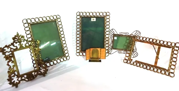 Photo frames, comprising; a pair of 20th century rope twisted frames, 24cm x 37cm, another similar smaller 20cm x 28cm, an acanthus moulded brass fram