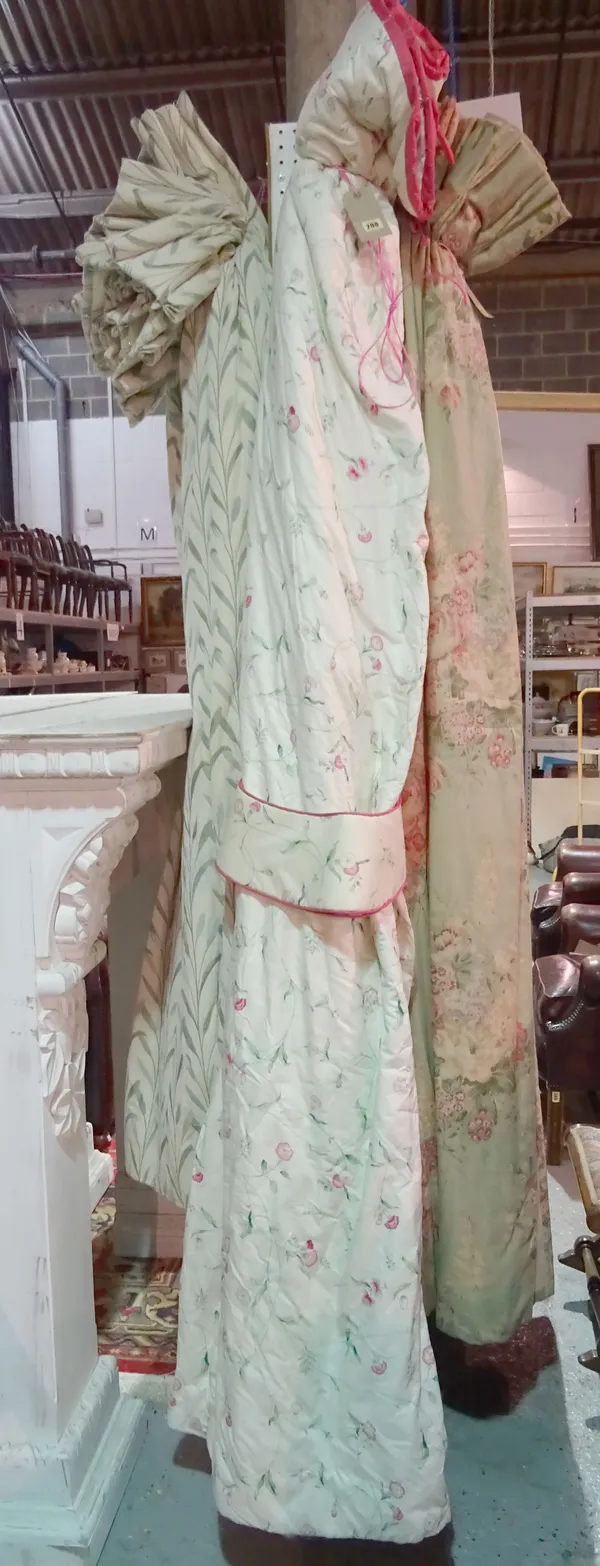 Curtains, comprising; one pair of cream ground and small pink flower curtains, lined and interlined, 160cm wide x 250cm drop, (2).   HANG