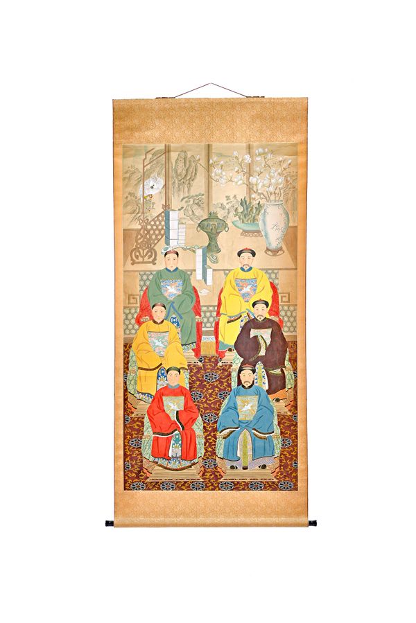 A Chinese scroll painting, ink and pigment on silk, painted with six ancestor portraits, 170cm by 86cm. Illustrated