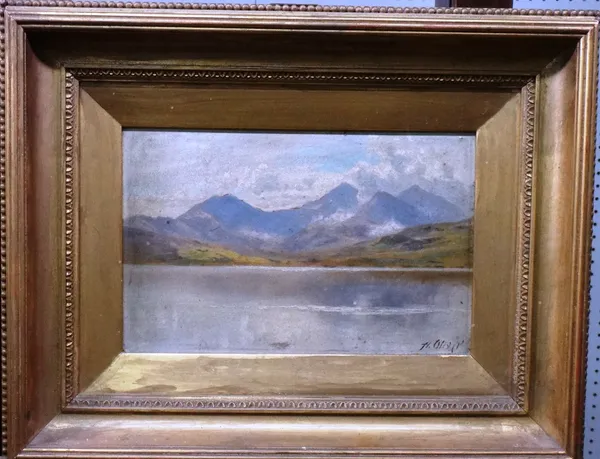 A. Oliver (19th/20th century), Mountainous lake landscape, oil on panel, signed, 15cm x 23cm.; together with a mezzotint of Lusien Autheur after Rembr