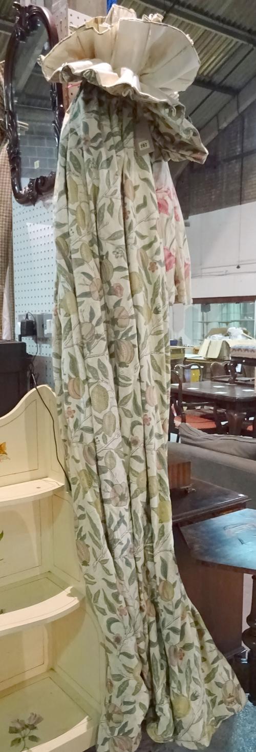 Curtains, comprising; William Morris Pomegranate pattern, a group of mixed sizes, one single lined and interlined 200cm wide x 225cm drop, the remaini