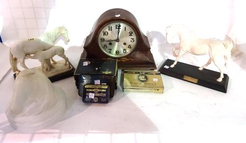 A. SELLTISI , a 20th century white resin figure of two horses on plinth base, a Beswick figure of a horse, a 20th century mahogany mantel clock, three