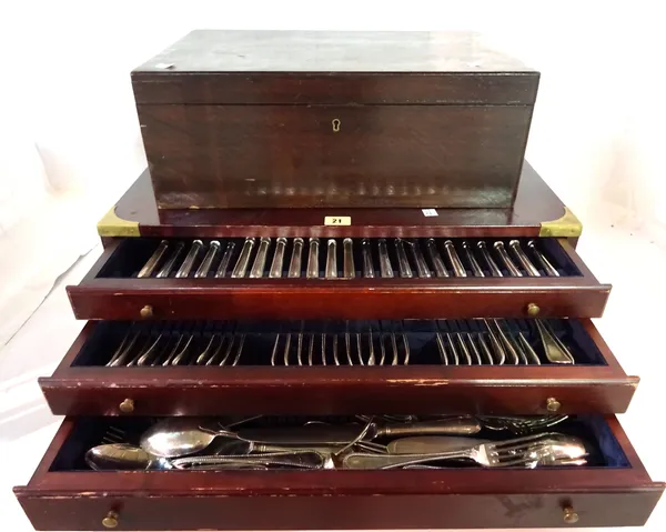 A 20th century silver plated flatware set cased in a mahogany brass bound three drawer canteen, 39cm wide x 19cm high and a mahogany lift top box, 46c