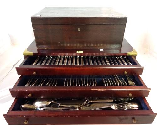 A 20th century silver plated flatware set cased in a mahogany brass bound three drawer canteen, 39cm wide x 19cm high and a mahogany lift top box, 46c